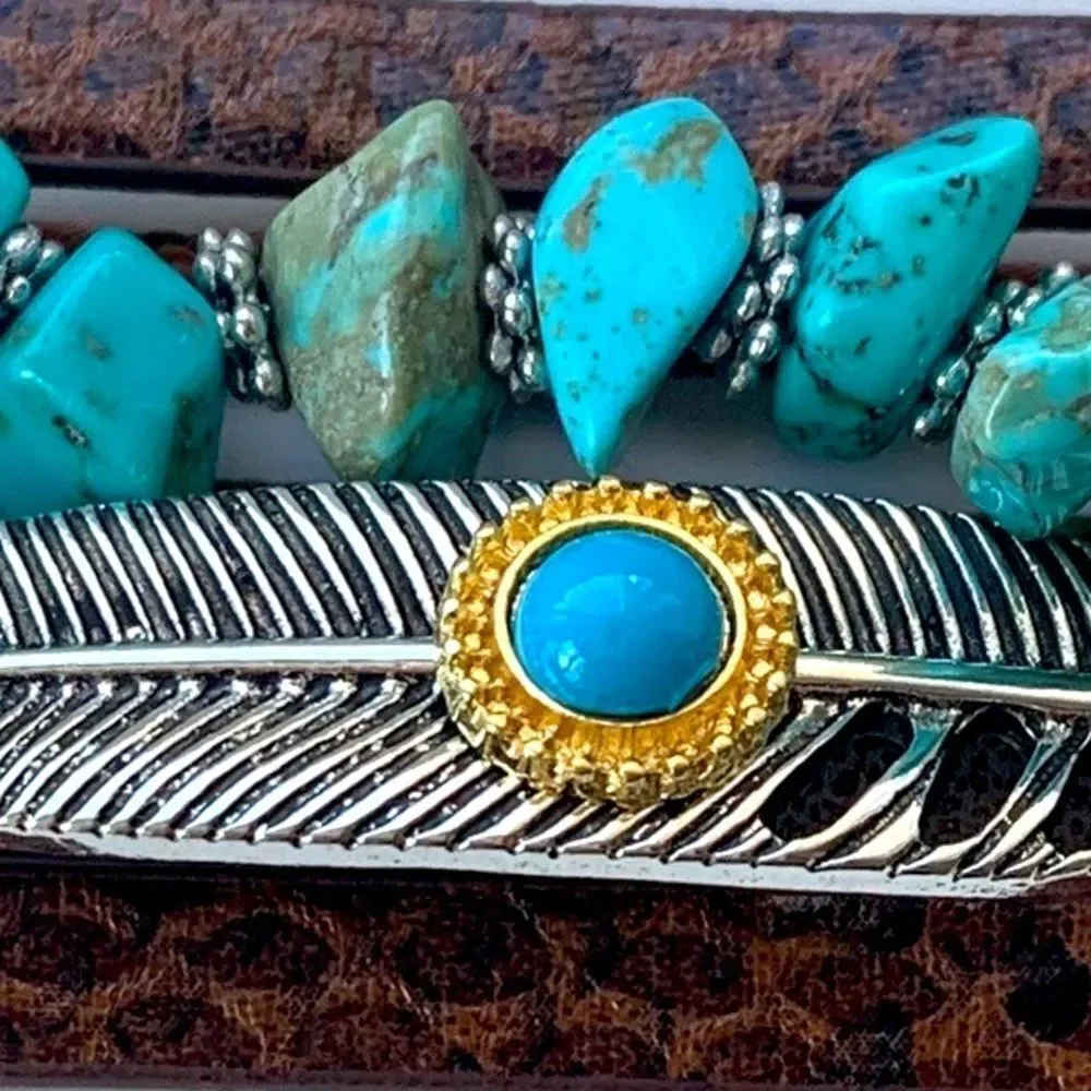 Western Layered Cuff Bracelet, Brown with Faux Turquoise